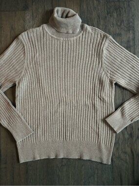 Vintage Quiet Luxury Brown Ribbed Cotton Turtleneck Sweater Jeanne Pierre XL